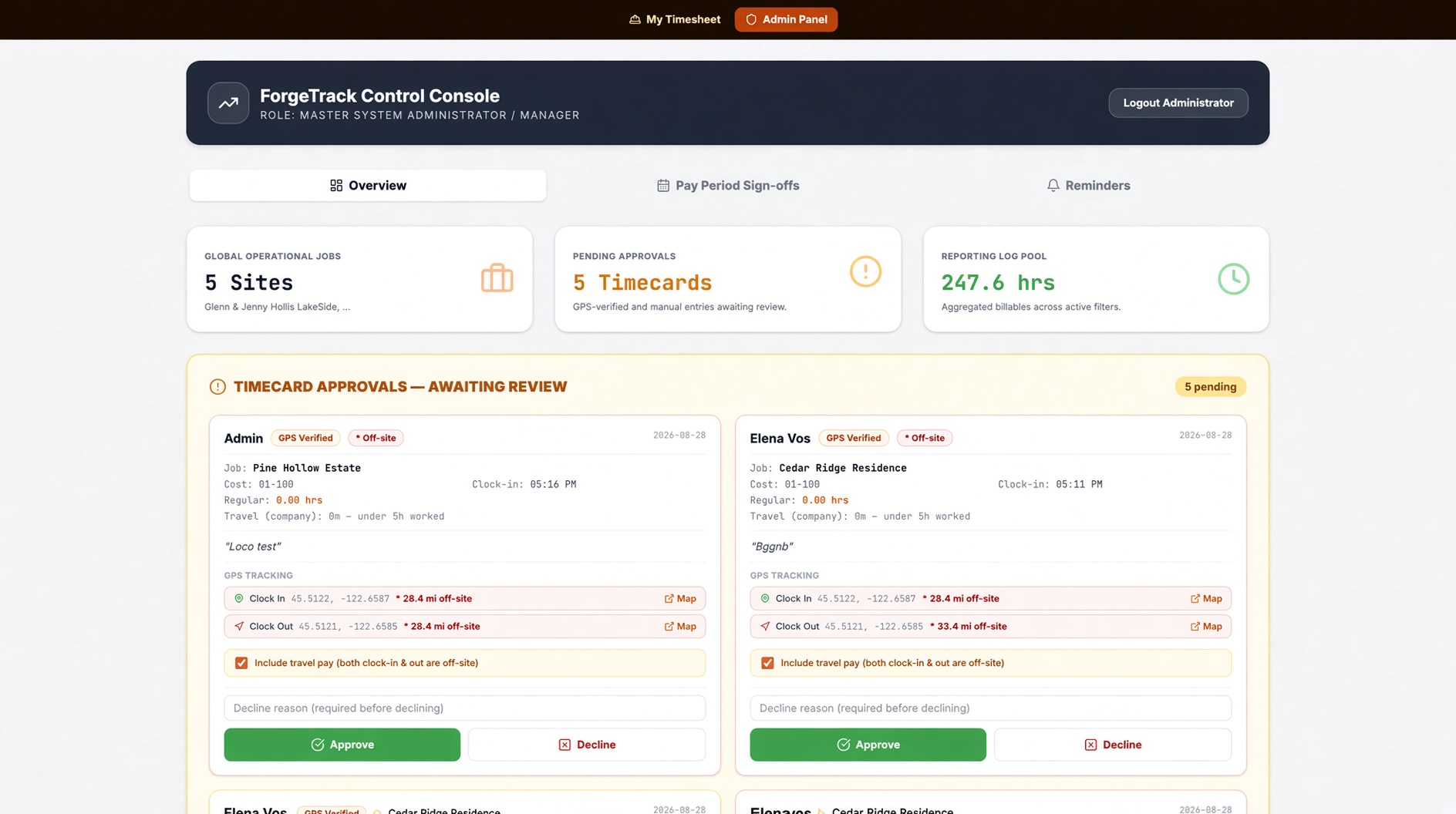 ForgeTrack admin control console — timecard approvals dashboard