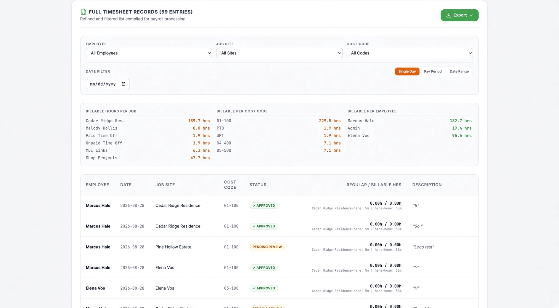 ForgeTrack full timesheet records and payroll export